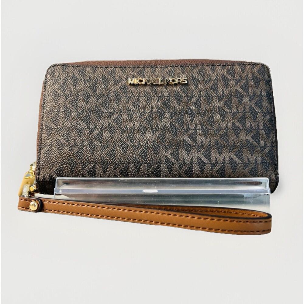 Michael Kors Brown Jet Set Travel Wallet Large Wristlet Phone Case Card Slot New